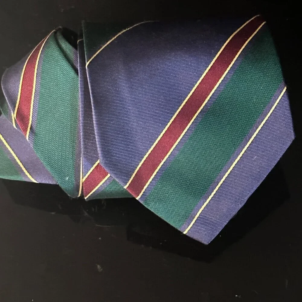 Gucci Logo Silk Tie Vintage Striped Blue Green Red Gold VTG Neckwear Academia